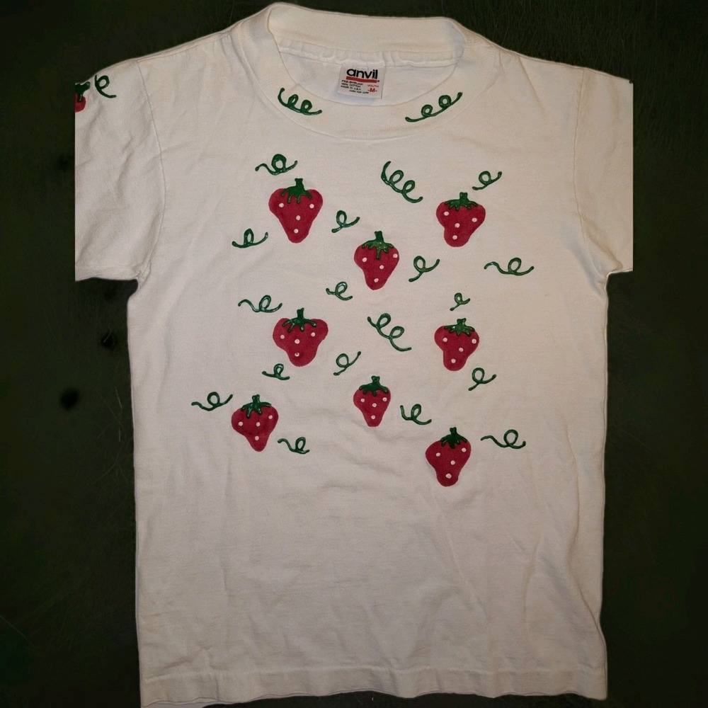 Anvil T Shirt Youth M 10/12 White Vtg Strawberry 3d Painted Top Y2K Sweet Girl